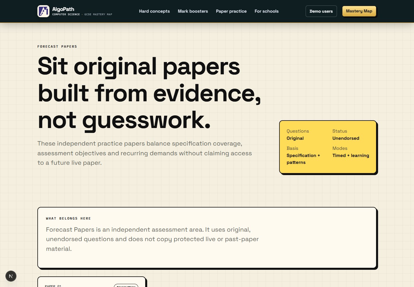 The Original Exam Mocks area for fresh GCSE Computer Science exam practice.