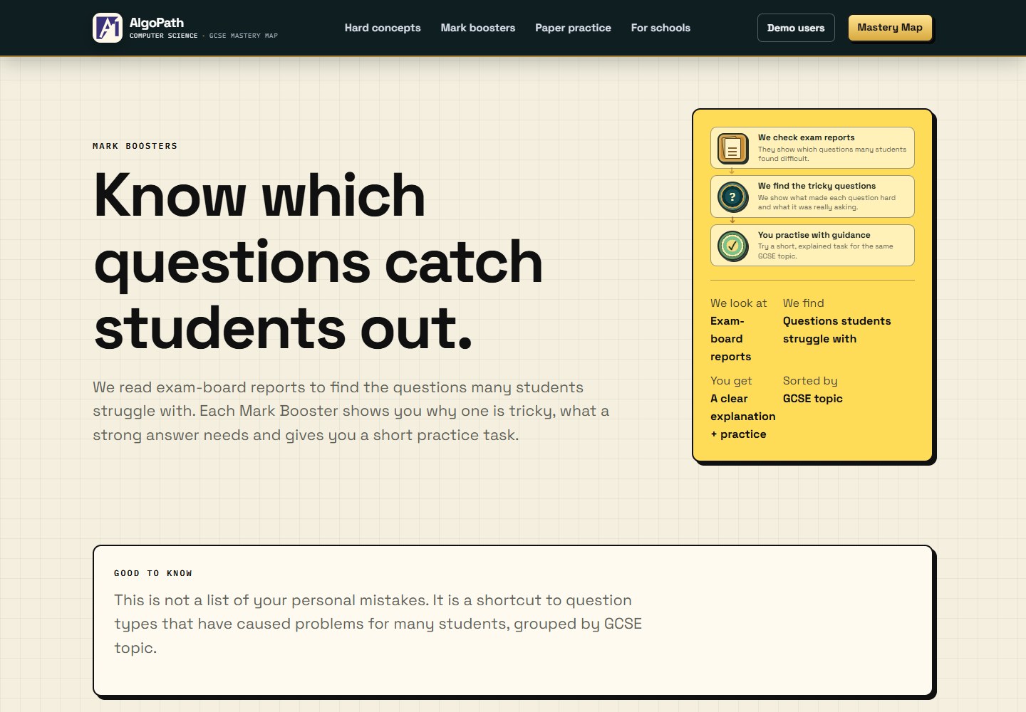The unified Mark Booster Question Bank showing examiner priorities and topic-matched past-paper references.